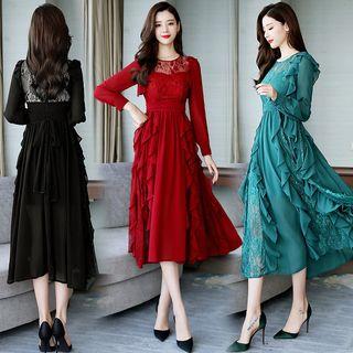 Long-sleeve Lace Panel Ruffled Midi Chiffon Dress