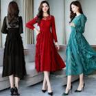 Long-sleeve Lace Panel Ruffled Midi Chiffon Dress