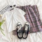 Short-sleeve Plain Cropped T-shirt / Drawstring Plaid Pants