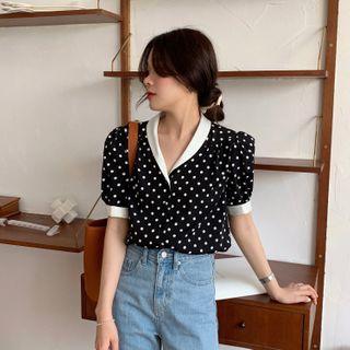Short-sleeve Dotted Contrast Trim Blouse Dotted - One Size