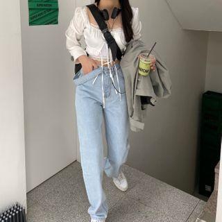 Long-sleeve Square-neck Blouse / Wide-leg Jeans