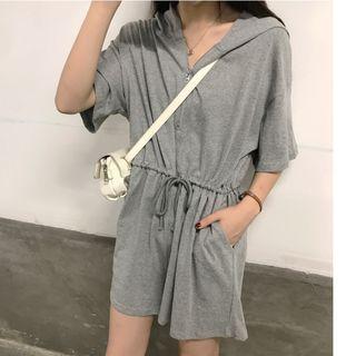 Elbow-sleeve Zip Hooded Wide-leg Playsuit