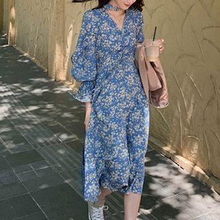 Lantern-sleeve Floral Midi A-line Dress