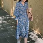 Lantern-sleeve Floral Midi A-line Dress