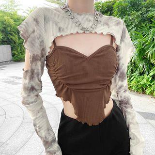 Set: Long-sleeve Cutout Tie-dye Crop Top + Camisole Top