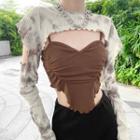 Set: Long-sleeve Cutout Tie-dye Crop Top + Camisole Top