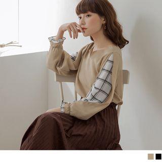 Slit-sleeve Plaid Panel V-neck Top