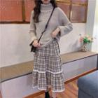 Turtle Neck Sweater / Plaid A-line Skirt
