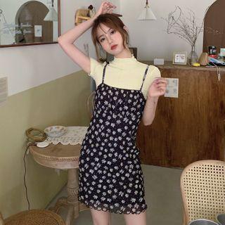 Short-sleeve Mock-neck T-shirt / Spaghetti Strap Floral Print Mini A-line Dress