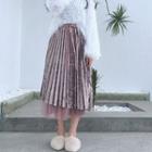 Mesh Panel Velvet Pleated Midi-skirt