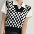 Sleeveless V-neck Plaid Knit Tank Top