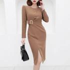 Long-sleeve Buckled Slit Sheath Dress