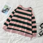 Mock-two Striped Loose-fit Sweatshirt Stripe - Green & Pink - One Size
