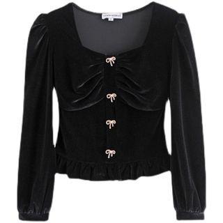 Long-sleeve Bow-accent Velvet Blouse