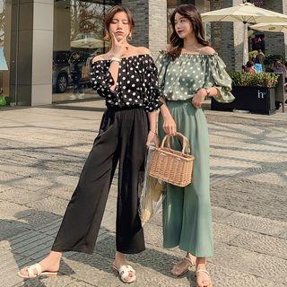Set: 3/4-sleeve Polka Dot Blouse + Wide-leg Pants