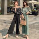 Set: 3/4-sleeve Polka Dot Blouse + Wide-leg Pants