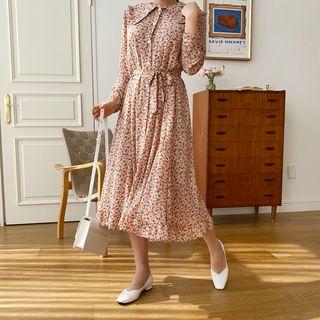 Wide-collar Floral Print Shirtdress With Sash Beige - One Size