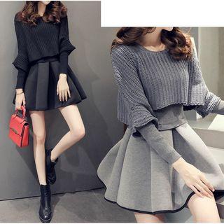 Set: Batwing-sleeve Cropped Sweater + Mini A-line Skirt