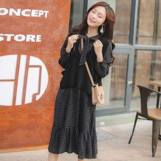 Set: Knit Vest + Long-sleeve Plaid Midi Dress