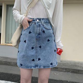 Heart Embroidered Denim Mini Pencil Skirt