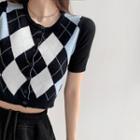 Argyle Button-up Knit Crop Top