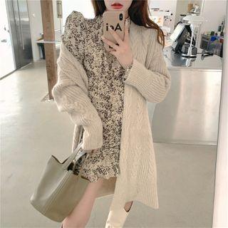 Mock-neck Ruched Floral Mini Dress / Open-front Cable-knit Long Cardigan