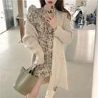 Mock-neck Ruched Floral Mini Dress / Open-front Cable-knit Long Cardigan