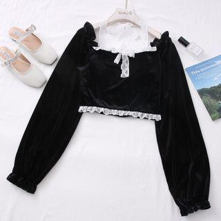 Lace-trim Velvet Crop Top Black - One Size