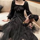 Lace-up Back Velvet Blouse / Midi A-line Mesh Skirt