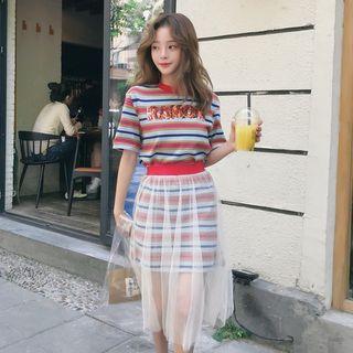 Set: Striped Short-sleeve T-shirt Dress + Mesh Skirt