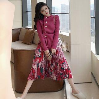 Plain Asymmetric Cardigan / Floral Pleated Skirt