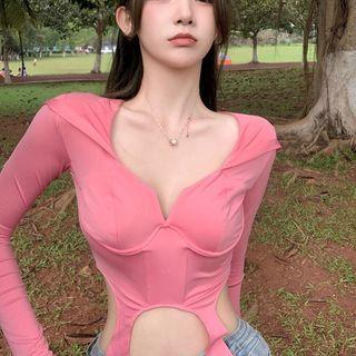 Long-sleeve Hooded Asymmetrical Cropped T-shirt Pink - One Size