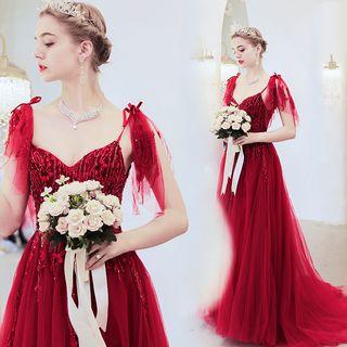 Tie-shoulder Embroidered Evening Gown