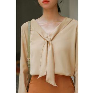 Plain Tie-neck Long-sleeve Blouse Light Yellow - One Size