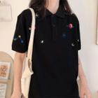 Elbow-sleeve Star Embroidered Polo Shirt