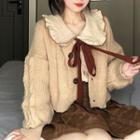Knit Cardigan / Ruffle Trim Blouse / Plaid Pleated Skirt
