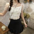 Puff-sleeve Lace Trim Blouse / A-line Skirt