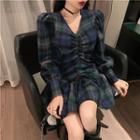 Puff-sleeve Plaid Drawstring Dress As Shown In Figure - One Size