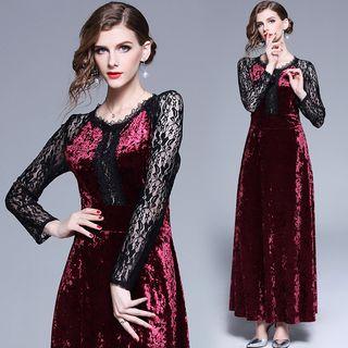 Long-sleeve Lace Panel Velvet A-line Maxi Dress