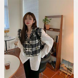 Mock Two-piece Plaid Panel Blouse Plaid - Black & White - One Size