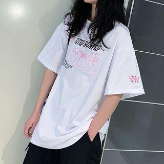 Long-sleeve Mesh Top / Elbow-sleeve Graphic Print T-shirt / Set