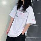 Long-sleeve Mesh Top / Elbow-sleeve Graphic Print T-shirt / Set