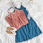 Long-sleeve Lace Top / V-neck Velvet Spaghetti-strap Dress