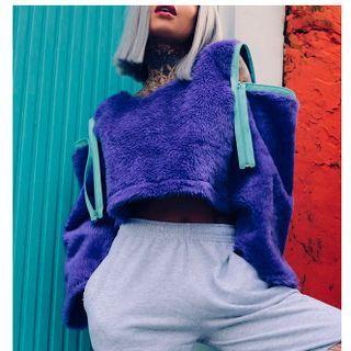 Zip Cold Shoulder Cropped Fluffy Sweatshirt