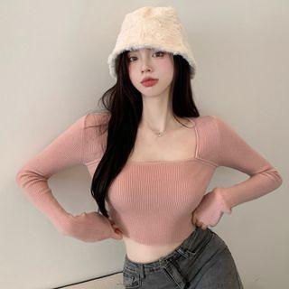 Long-sleeve Square Neck Cropped Knit Top