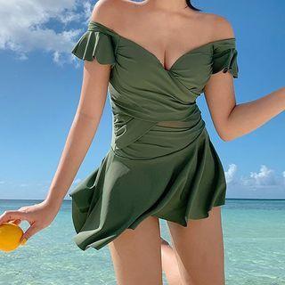 Off-shoulder Ruffled Swim Dress