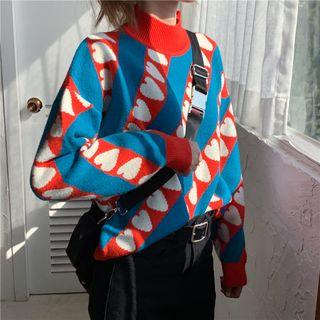 Mock-turtleneck Heart Print Sweater Blue & Red - One Size