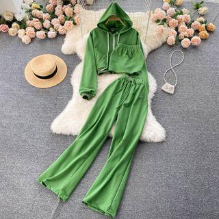 Set Of 3 : Zip Hooded Sweatshirt + Tube Top + Drawstring Wide-leg Pants