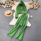 Set Of 3 : Zip Hooded Sweatshirt + Tube Top + Drawstring Wide-leg Pants