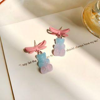 Bear Drop Earring 1 Pair - S925 Silver Needle - Stud Earrings - Bear - Blue & Pink - One Size